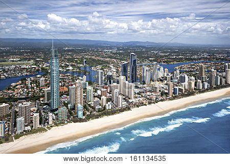 Aerial image of the Gold Coast city located in Queensland Australia surfers paradise