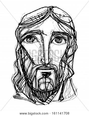 Hand drawn vector illustration or drawing of Jesus Christ face in an expressionist style