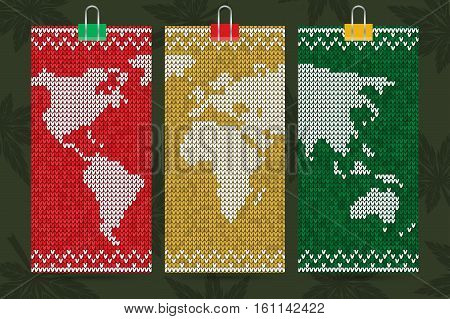 Rastafari World map, business cards set, knitting style, vector handmade illustration