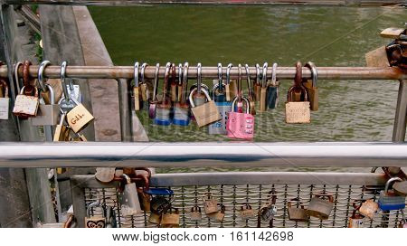 Bristol UK - July 16 2016: Lovelocks on Pero's Bridge in Bristol harbour England UK
