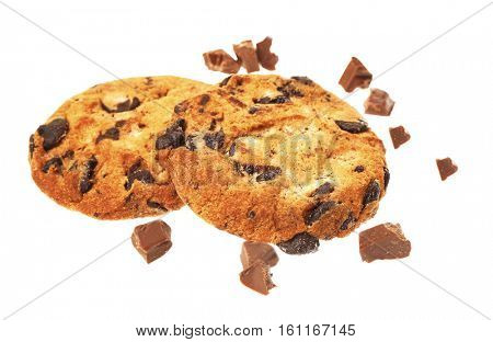 Tasty cookies with chocolate chips on white background