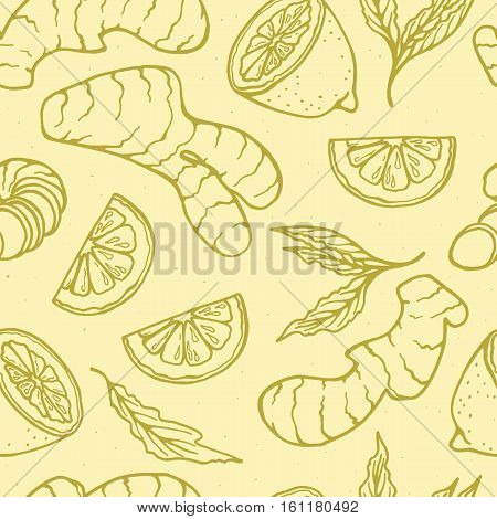Herbal tea seamless pattern with gingerand lemon. Can be used for banners menubackgrounds textile paper sites etc. Vector illustration