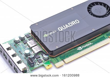 GALATI ROMANIA - NOVEMBER 20 2016: Professional video card from NVIDIA - Nvidia Quadro K1200 from a powerful workstation isolated on white