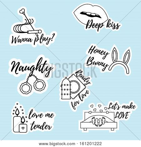 Trendy playful and flirty pins patches badges stickers pack. Romantic valentines day love icons Sexy messages for adults. For chat mobile applications design elements. Printable erotic stickers