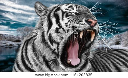 Hand painted Sibirian dangerous white wild tiger.
