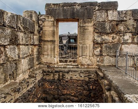 Ruins of synagogue in ancient Capernaum archaeological site in Galilee Israel