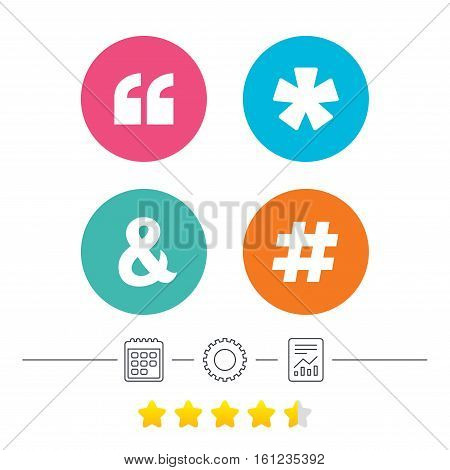 Quote, asterisk footnote icons. Hashtag social media and ampersand symbols. Programming logical operator AND sign. Calendar, cogwheel and report linear icons. Star vote ranking. Vector