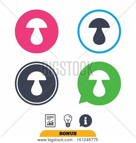 Mushroom sign icon. Boletus mushroom symbol. Report document, information sign and light bulb icons. Vector