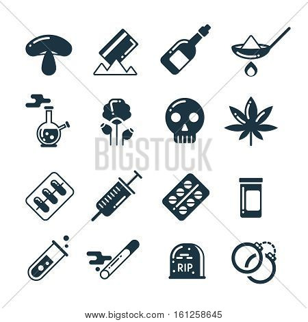 Drugs, alcohol, pills, tablet, narcotic abuse vector icons. Cocaine and marijuana, addiction to drugs heroin and cocaine illustration