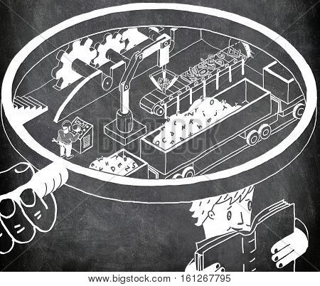 The concept of new knowledge information learning. Drawing made by hand on a background of chalk board. This image shows the comic representation of what happening in a person's head during the learning.