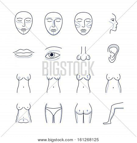 Plastic Surgery Icons Thin Line Set Pixel Perfect Art. Material Design. Procedure Cosmetic Medical for Body and Face Woman. Vector illustration