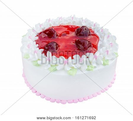 White Biirthday Cake With Strawberry Isolated On White Background (with Clipping Path)