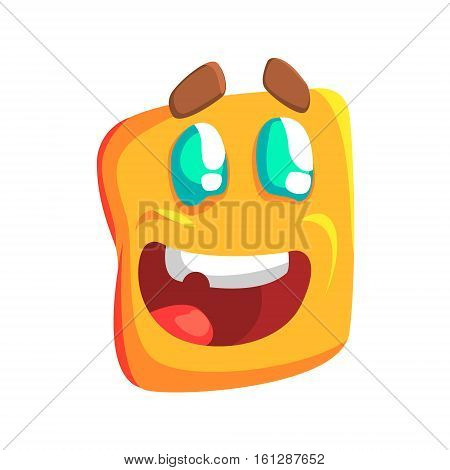 Excited Yellow Emoji Cartoon Square Funny Emotional Face Vector Colorful Isolated Sticker. Comic Childish Character Head With Facial Expression For Emoticon Icon.