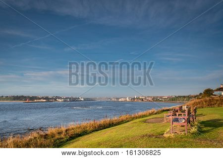 River Tyne Estuary, at the mouth of the river which is located between South Shields and Tynemouth, where it enters the North Sea, seen here looking upstream to North Shields