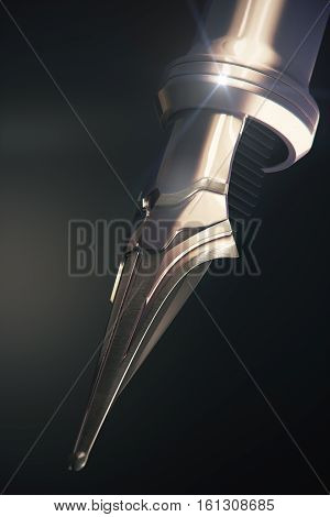 Close up of shiny fountain pen tip onb dark background. 3D Rendering
