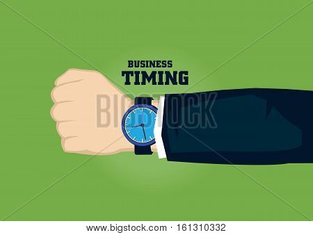 Analog watch on wrist of business person with text business and timing. Vector illustration on time concept for business isolated on green background.