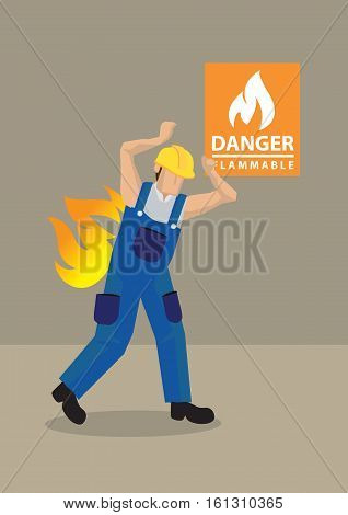 Cartoon vector illustration of worker in blue overall and yellow helmet caught in fire accident at workplace with Danger Flammable warning sign in background. Concept for workplace safety.
