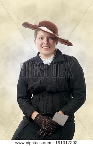 young smiling woman in vintage costume 1900s