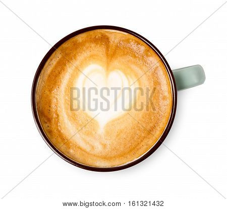 Cappuccino with frothy foam heart shape, blue coffee cup top view closeup isolated on white background. Cafe and bar, barista art concept.