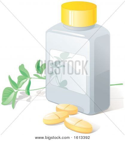 Pilules à base de plantes, Flack. Médecine, santé, pharmacie. Illustration