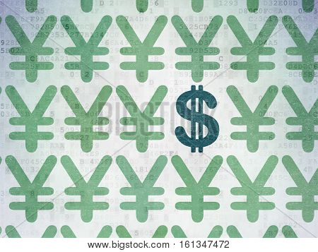 Currency concept: rows of Painted green yen icons around blue dollar icon on Digital Data Paper background
