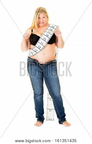 Fat Overweight Woman Wearing A Tape Measure