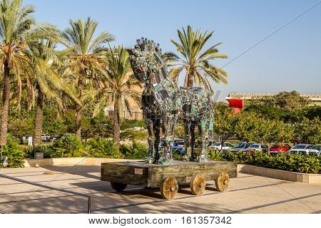 TEL AVIV ISRAEL - DECEMBER 5: Cyber Horse sculpture of Trojan horse at Tel Aviv University Israel on December 5 2016
