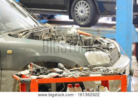 Car in a car repair station