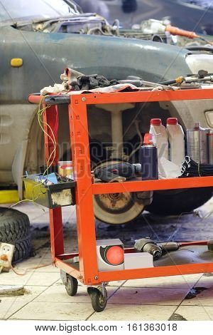 Car in a car repair station