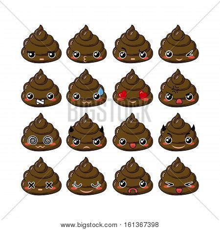 Kawaii vector poop emoticons set. Turd emoji, icons for chat, mobile applications and other business.
