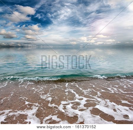 landscape with beautiful sea beach and cloudy celestial space