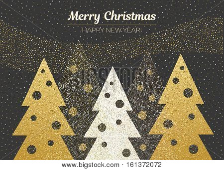 Vector merry Christmas and happy New Year design. Horizontal card with Christmas trees with christmas balls. Black gold and white colors. Geometrical illustration.