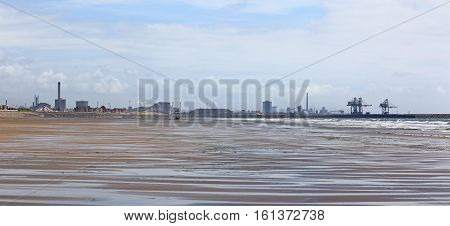 Port Talbot steel works from Aberavon beach in Wales