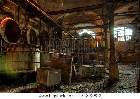 Abandoned butchery in meat processing plant. Slaughterhouse Rosenau, Kaliningrad, Konigsberg