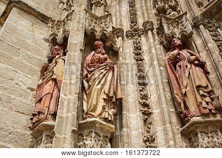 Seville cathedral facade in Constitucion avenue of Sevilla Andalusia Spain exterior image shot from public floor