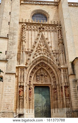 Seville cathedral facade in Constitucion avenue of Sevilla Andalusia Spain exterior image shot from public floor