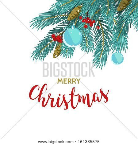 Christmas greeting card background poster. Stock illustration with fir Christmas tree branches and Christmas balls on white isolated background.