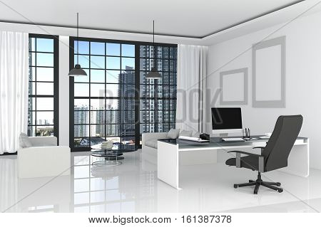 3D Rendering : Illustration Of Modern Interior White Office Of Creative Designer Desktop With Pc Com