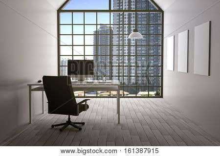 3D Rendering : Illustration Of Modern Interior White Office Of Creative Designer Desktop With Pc Com