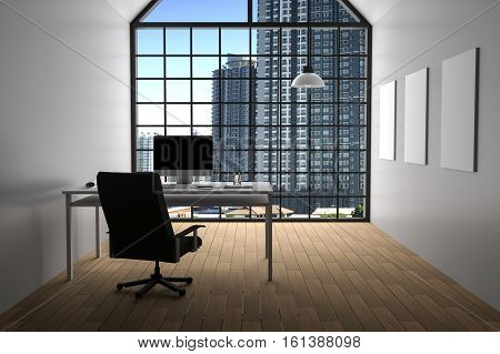 3D Rendering : Illustration Of Modern Interior White Office Of Creative Designer Desktop With Pc Com