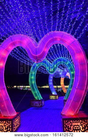 DUBAI, UAE - DEC 8: Dubai Garden Glow in Dubai, UAE, as seen on Dec 8, 2016. It is spread across 40 acres, with 32 installations made by 150 artists in ‎200,000 man hours.