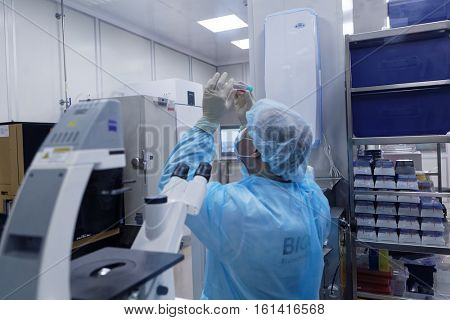 ST. PETERSBURG, RUSSIA - NOVEMBER 16, 2016: Researchers at work in the research laboratory of the biotechnology company BIOCAD. It is one of full-cycle drug development and manufacturing companies
