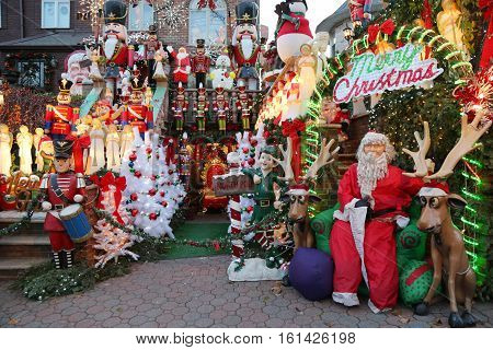 BROOKLYN, NEW YORK - DECEMBER 8, 2016: Christmas house decoration lights display in the suburban Brooklyn neighborhood of Dyker Heights