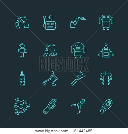 Technology prosthesis with artificial intelligence and nanobot icons, robot arm and exoskeleton. Cyborg automation, computer control for cybernetic arm. Vector illustration