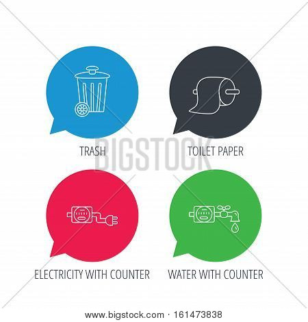Colored speech bubbles. Trash bin, electricity and water counter icons. Toiler paper linear sign. Flat web buttons with linear icons. Vector