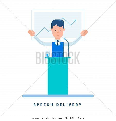 Speech delivery Business concept. Cartoon male character. Flat style vector illustration isolated on white