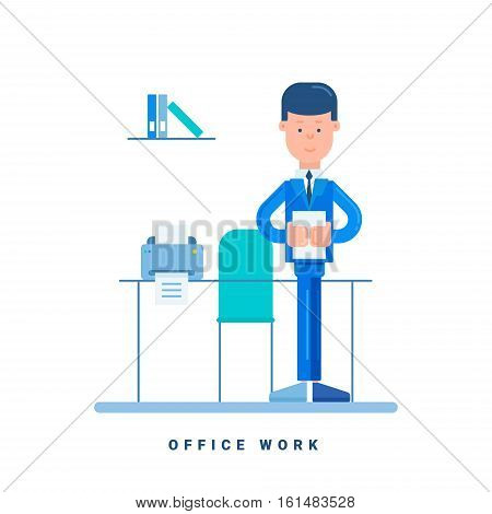 Office worker standing at the table. Business concept for space work. Cartoon male character. Flat style vector illustration isolated on white
