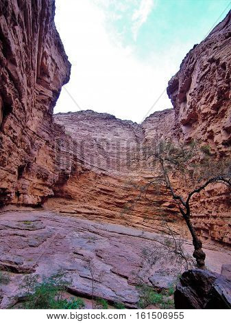 Long shot of the Devil's throat or Garganta del diablo a unique rock formation in the Canyon Quebrada de las conchas close to Cafayate in Chile South America