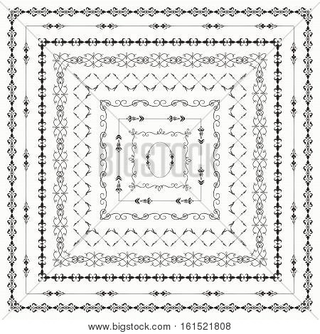 Collection of Vector Black Outlined Hand Drawn Vintage Square Borders, Frames. Design Elements. Vector Illustration