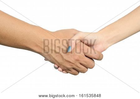 woman shaking hands with a man on white